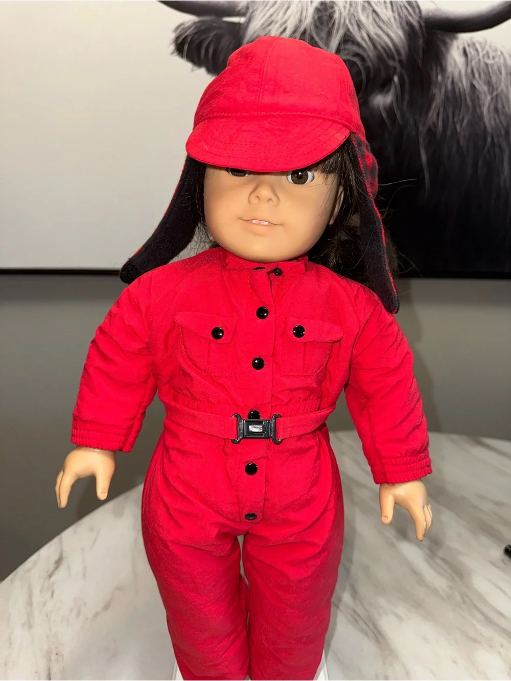 American Girl red snow suite & matching hat with plaid interior Molly’s collecti